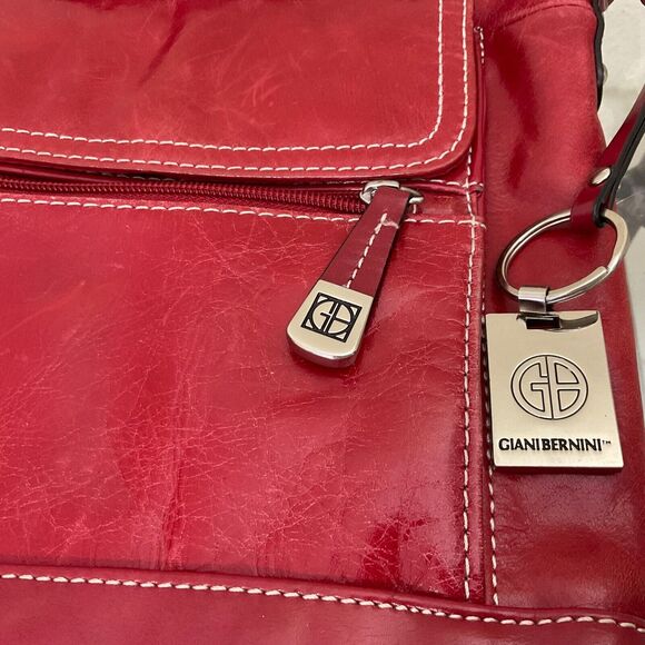 Giani Bernini Red Genuine Leather Cross Body Bag Sholuder Handbag + logo key fob - Picture 5 of 16